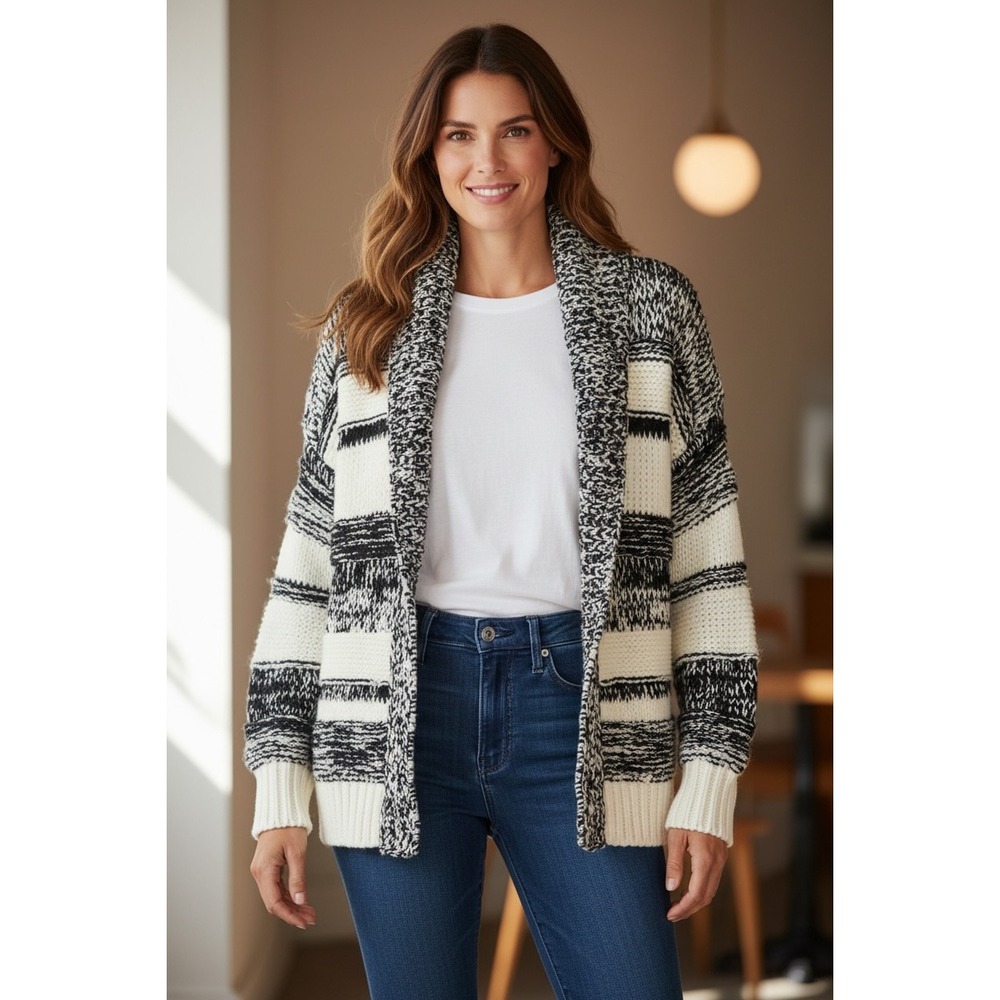 360 SWEATER Womens Small Black‎ White Stripe Shawl Collar Chunky Knit Cardigan